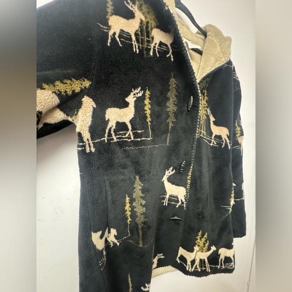 Vintage 90s White Stag Deer Print Fleece Jacket Womens L Sherpa Lined Hooded - Picture 2 of 9